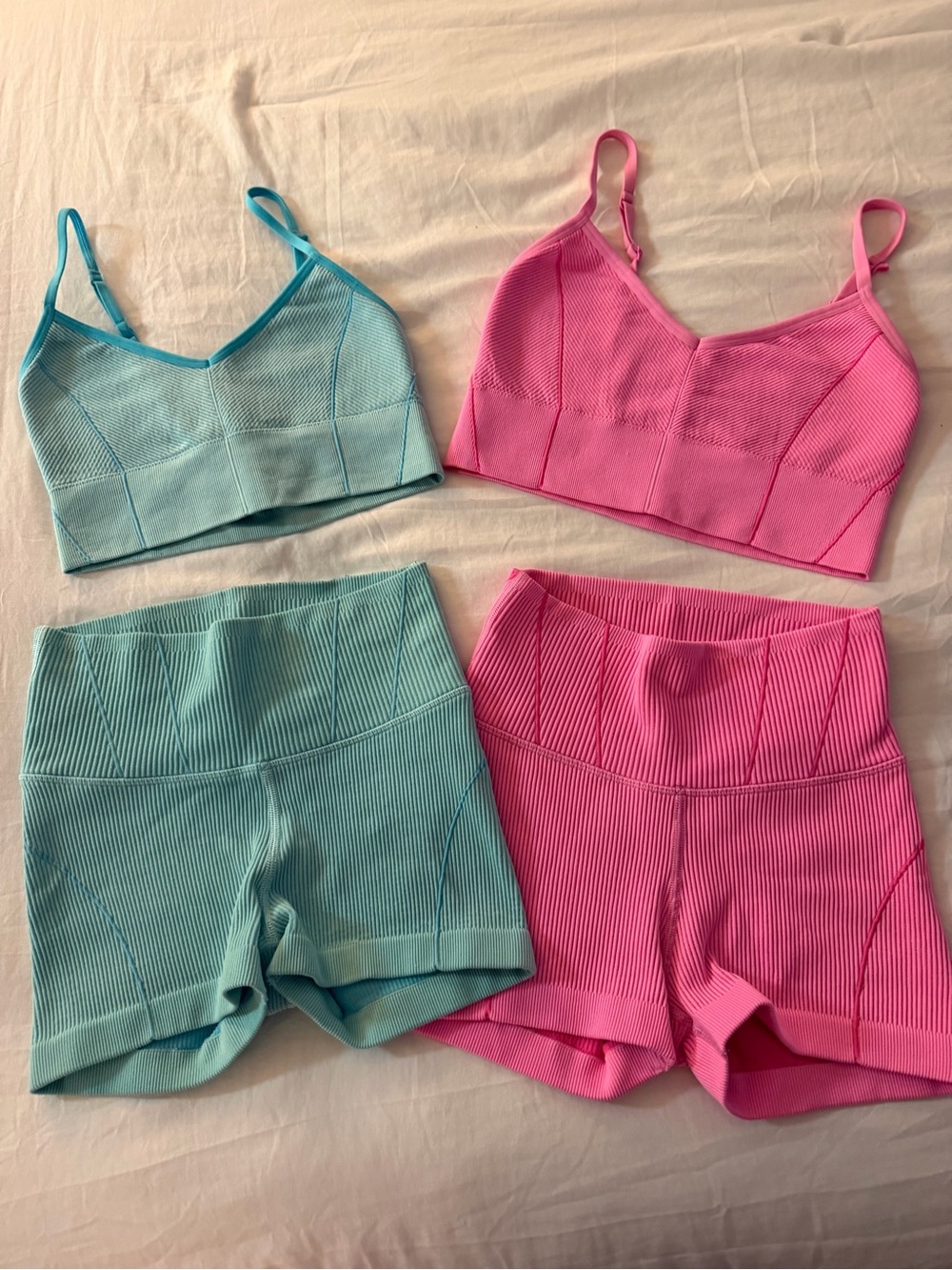 aerie Ribbed Bralette and High-Waist Short Set - Pink & Aqua